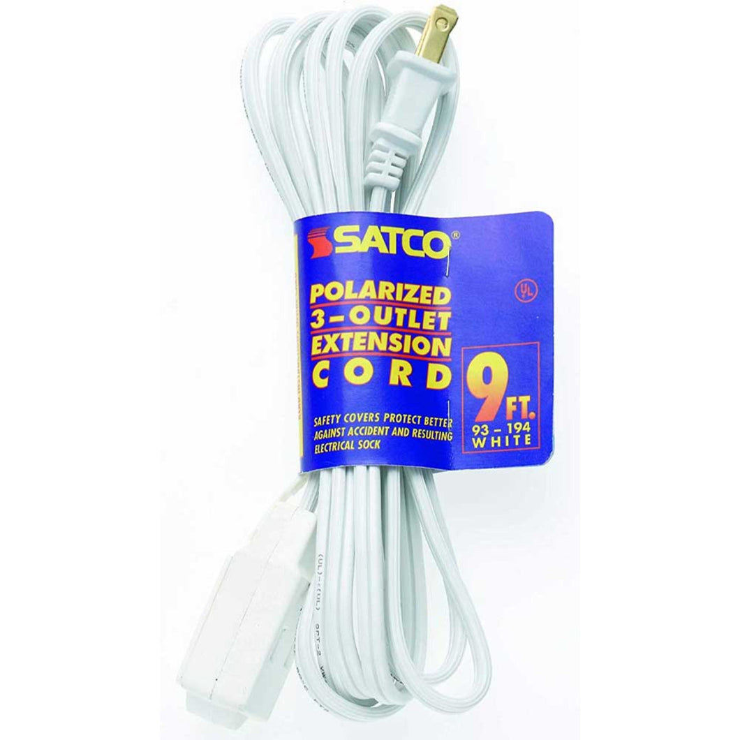 Extension Cord 9 Foot Indoor, White, 3-Outlets (SATCO 93-194)
